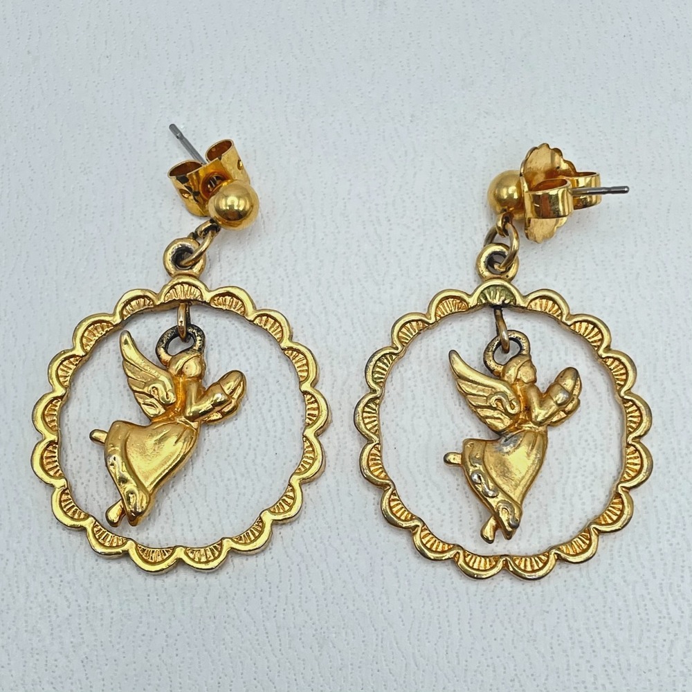 Vintage Gold-Tone Engraved Metal Soaring Angel Dangle Butterfly Back Earrings